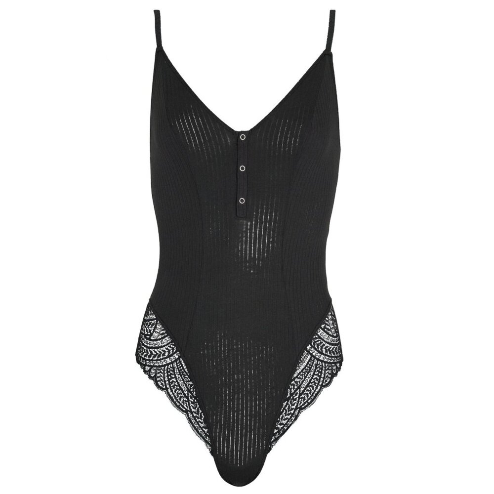 NWT Adore Me Emilia Black Ribbed Lace Bodysuit Crisscross Back Y2K Top L‎